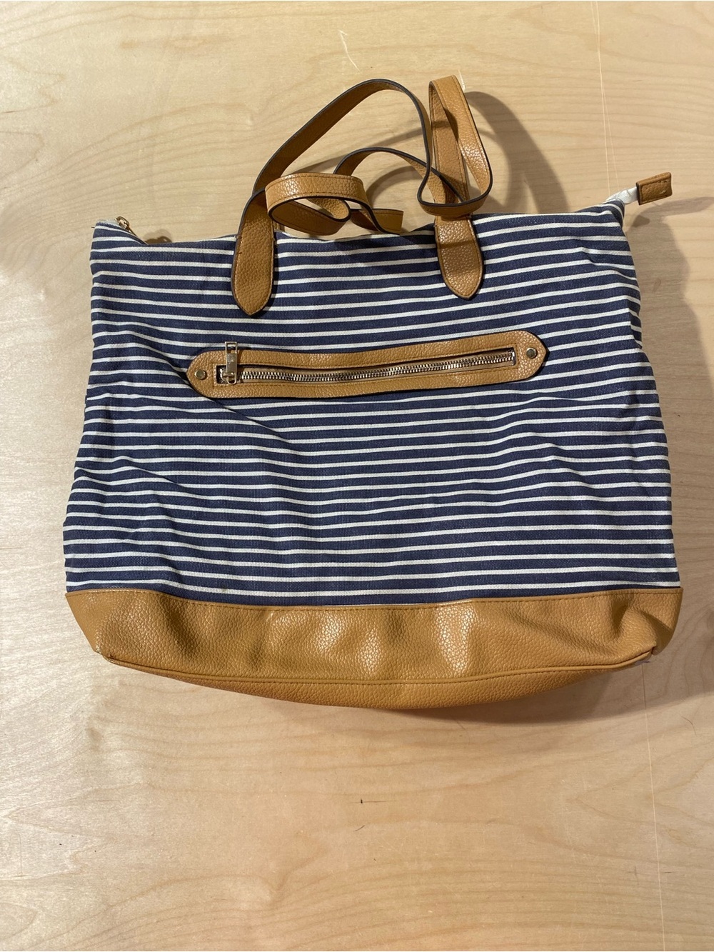 a new day Striped Navy and Tan Canvas Tote with Front Zip Pocket (SB)